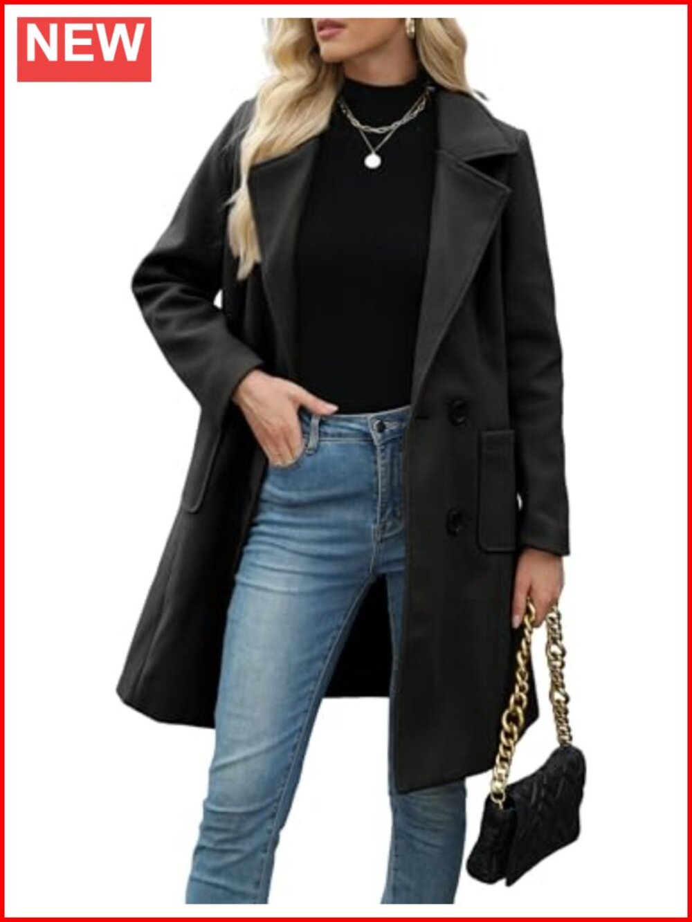 Wool Blend Pea Coat Double-Breasted Notch Lapel Winter Jacket